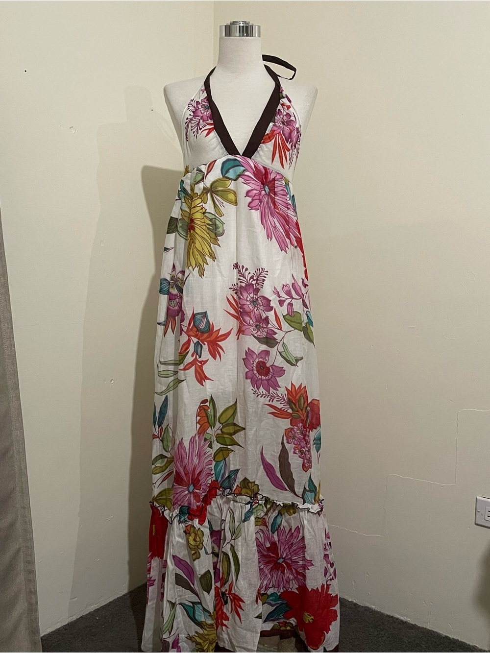 Handmade Boho Halter Maxi tiered Dress in White with Multicolor Floral